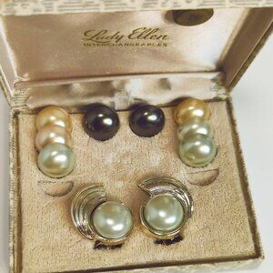 Lady Ellen Vintage Magnetic Interchangeable Clip-On Earrings Faux Pearl Set
